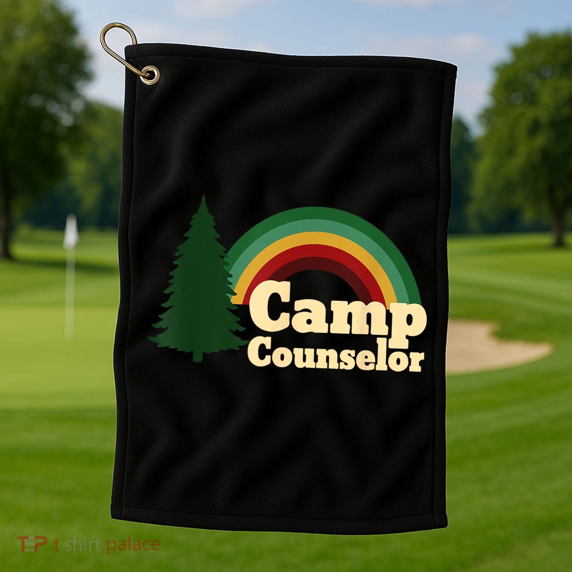 Retro Summer Staff Rainbow Camp Counselor Pine Tree Gift Golf Towel
