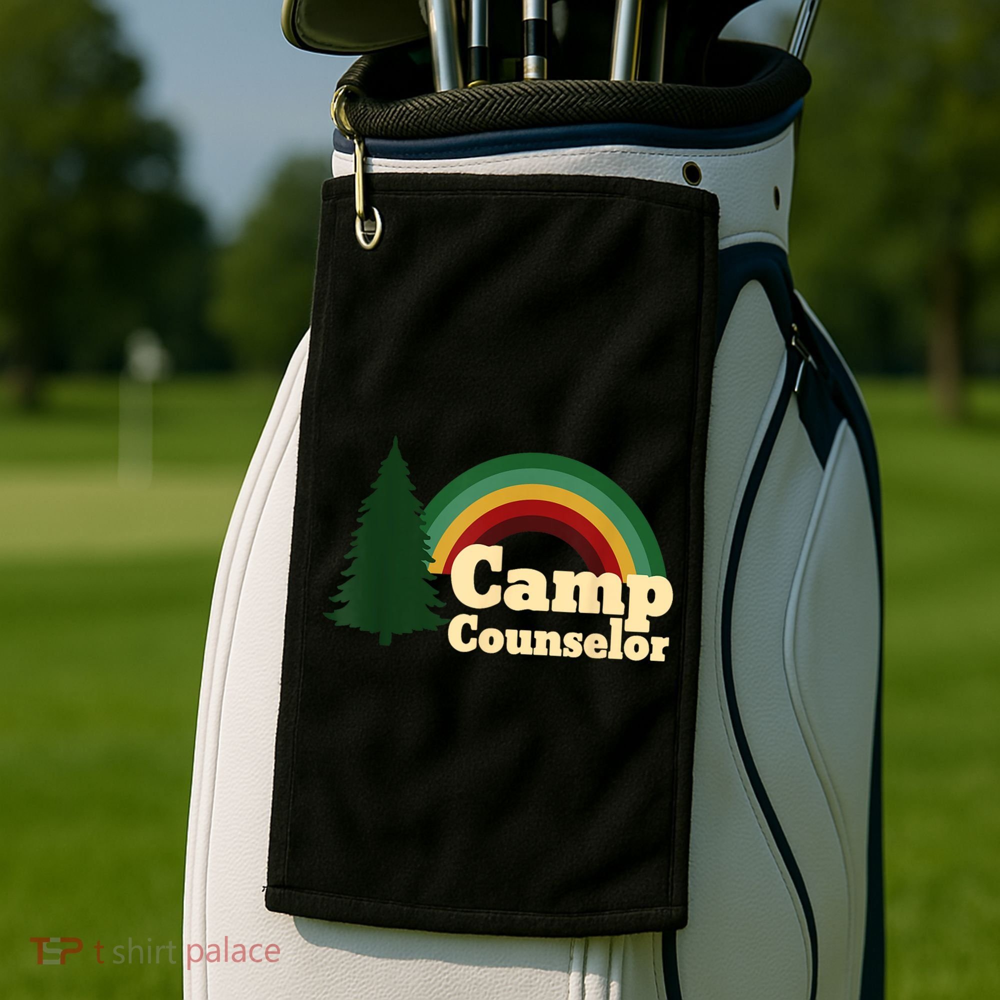Retro Summer Staff Rainbow Camp Counselor Pine Tree Gift Golf Towel