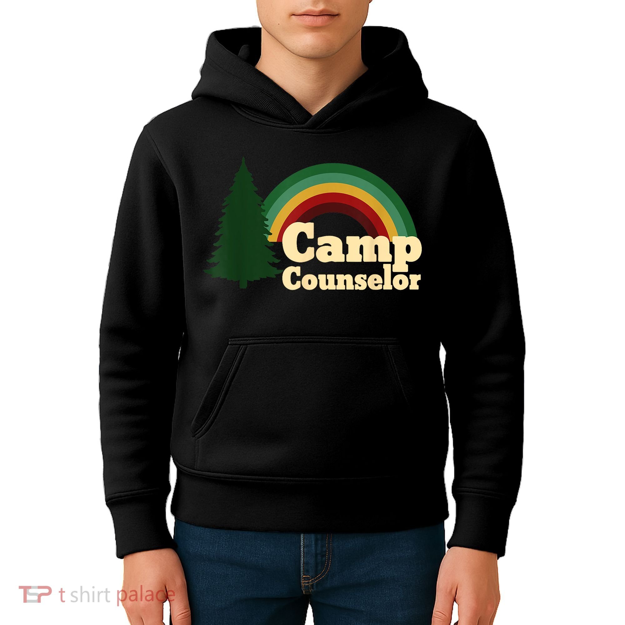 Retro Summer Staff Rainbow Camp Counselor Pine Tree Gift Kids Hoodie