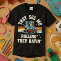 Roller Skating They See Me Rollin' They Hatin' Skater Skate Kids T-Shirt thumb 3