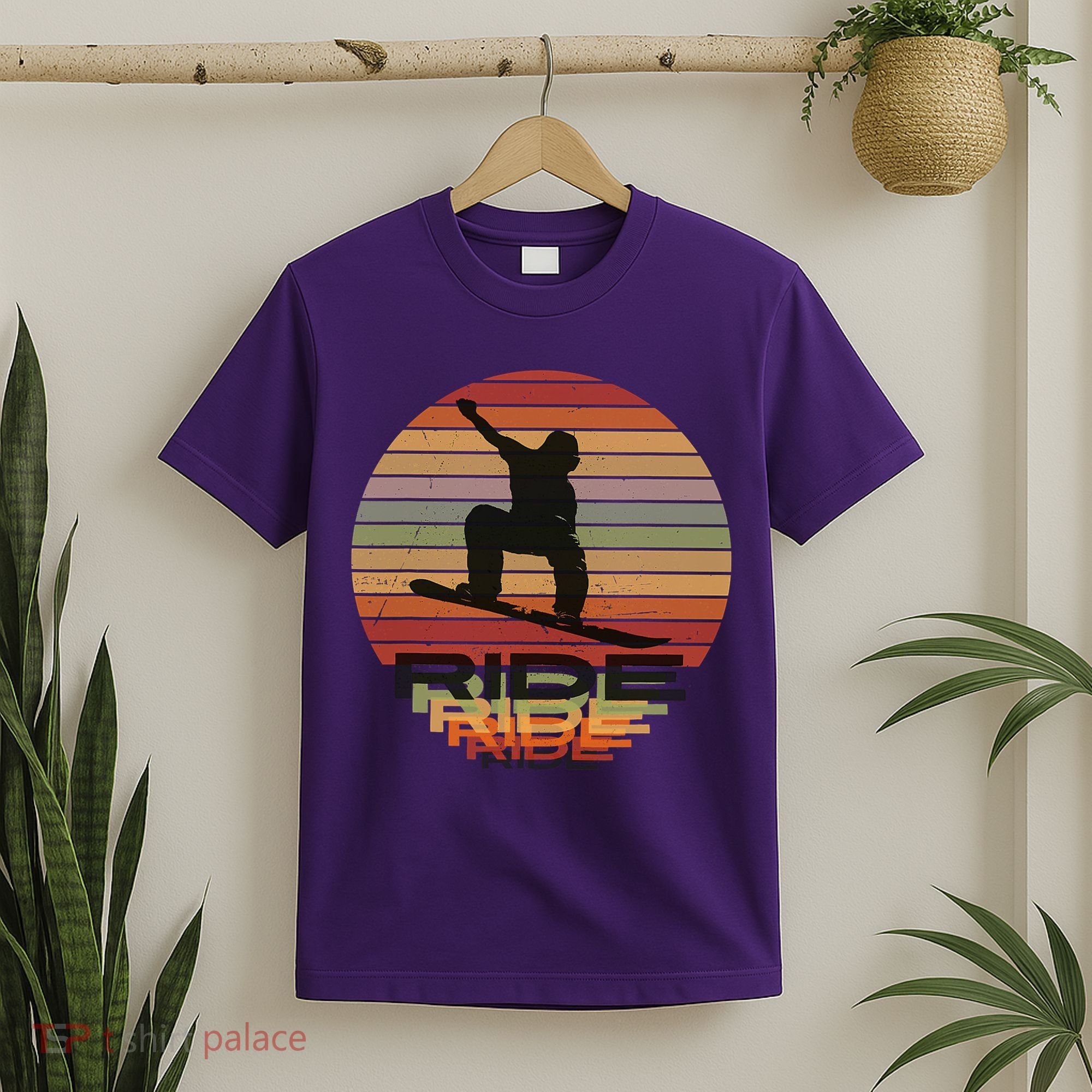 Ride Snowboard Vintage Sunset Distressed Snowboarder Graphic T-Shirt