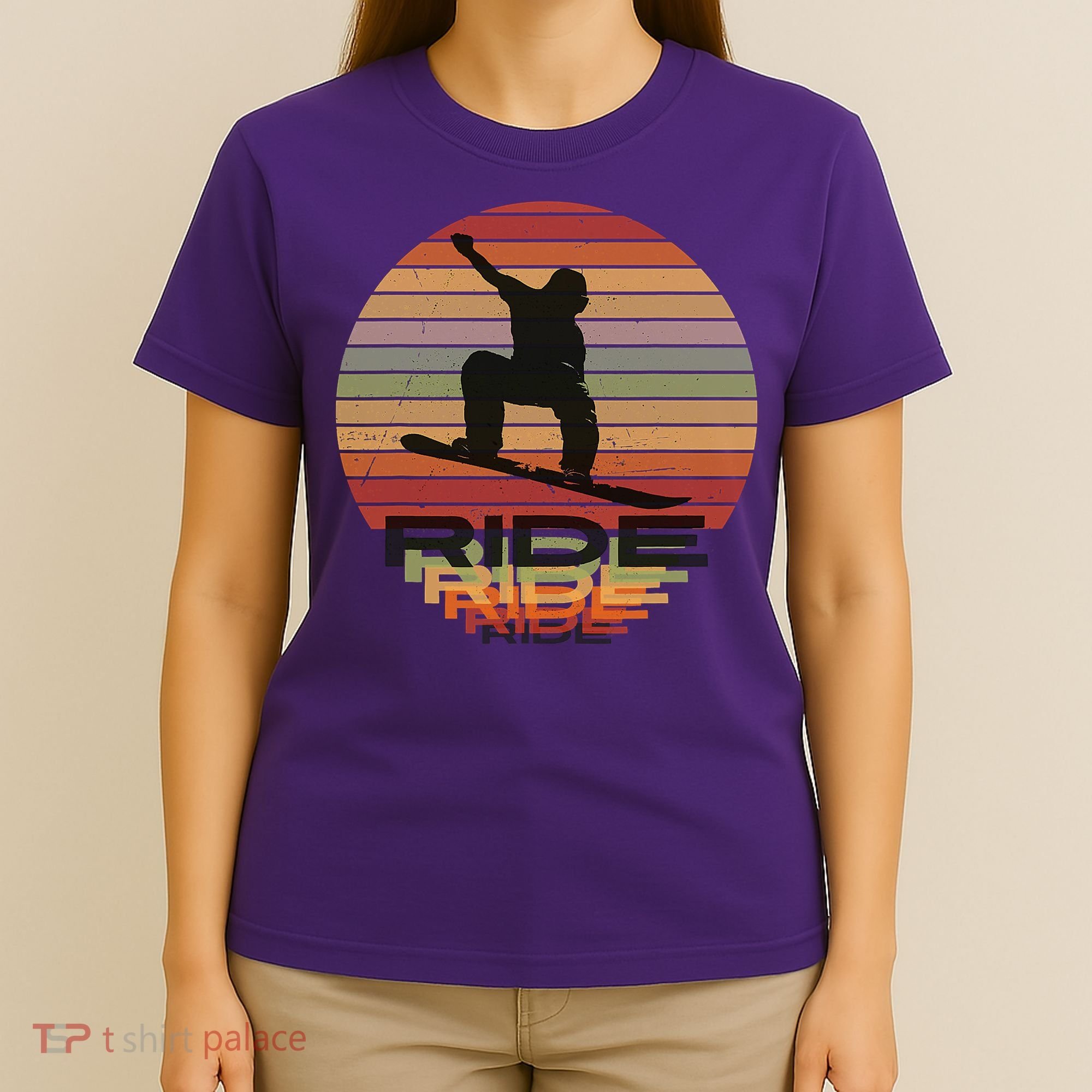 Ride Snowboard Vintage Sunset Distressed Snowboarder Graphic T-Shirt
