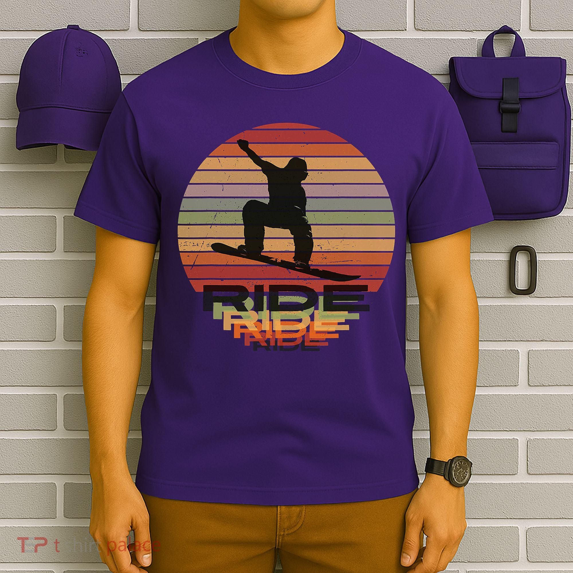 Ride Snowboard Vintage Sunset Distressed Snowboarder Graphic T-Shirt