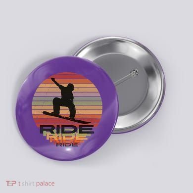Ride Snowboard Vintage Sunset Distressed Snowboarder Graphic Button