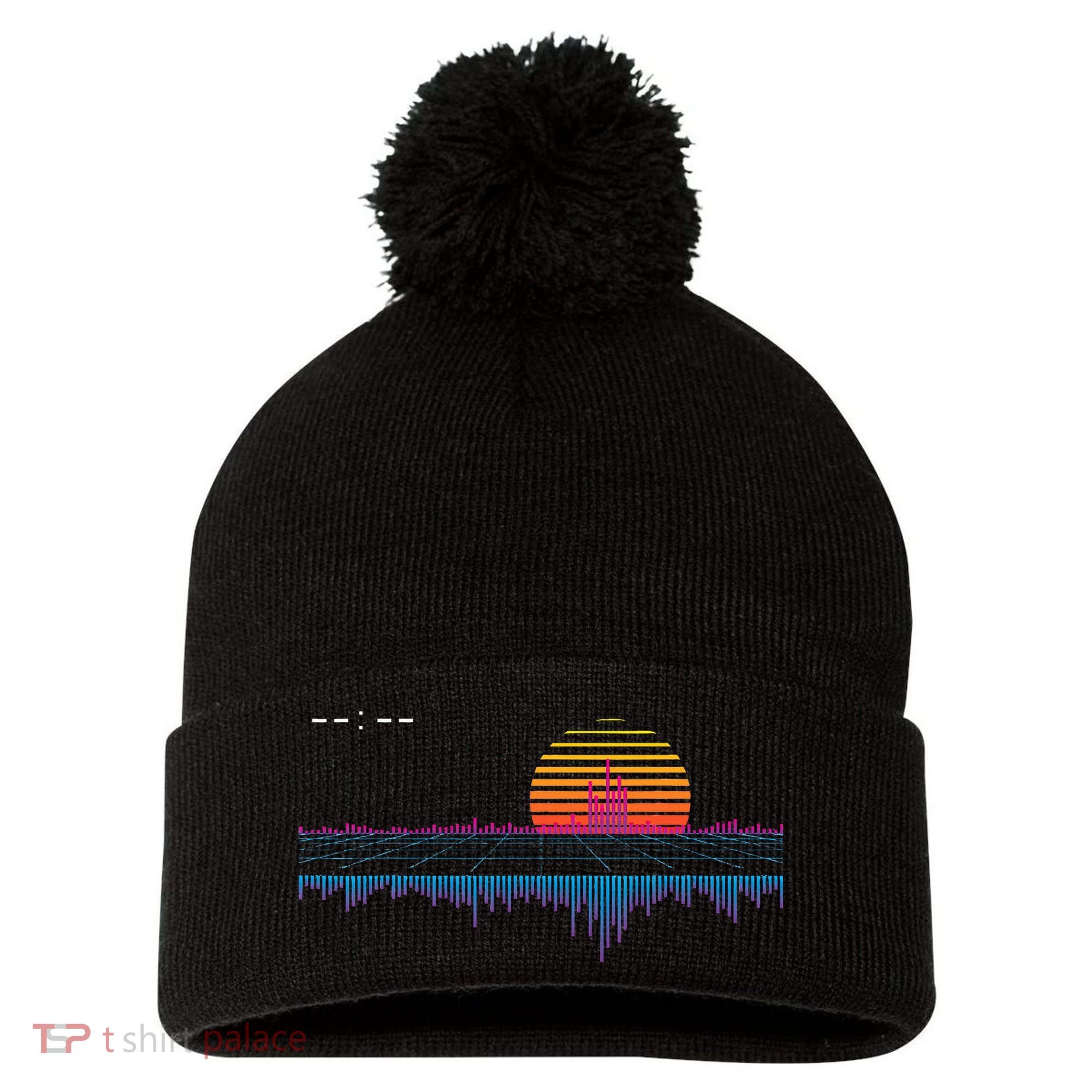 Retrowave Synthwave Vaporwave Sunset Aesthetic Pom Pom 12in Knit Beanie