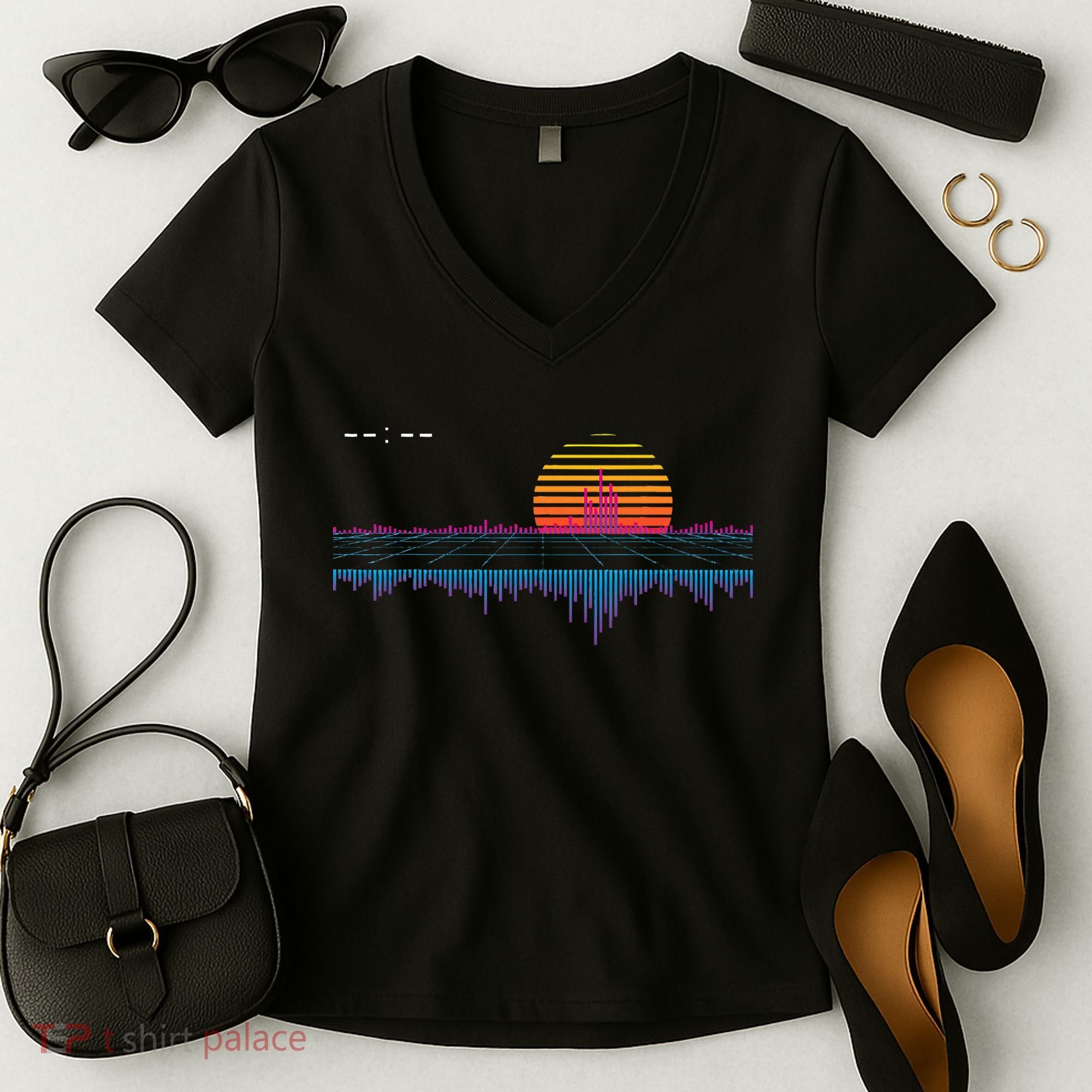 Retrowave Synthwave Vaporwave Sunset Aesthetic Women's V-Neck T-Shirt