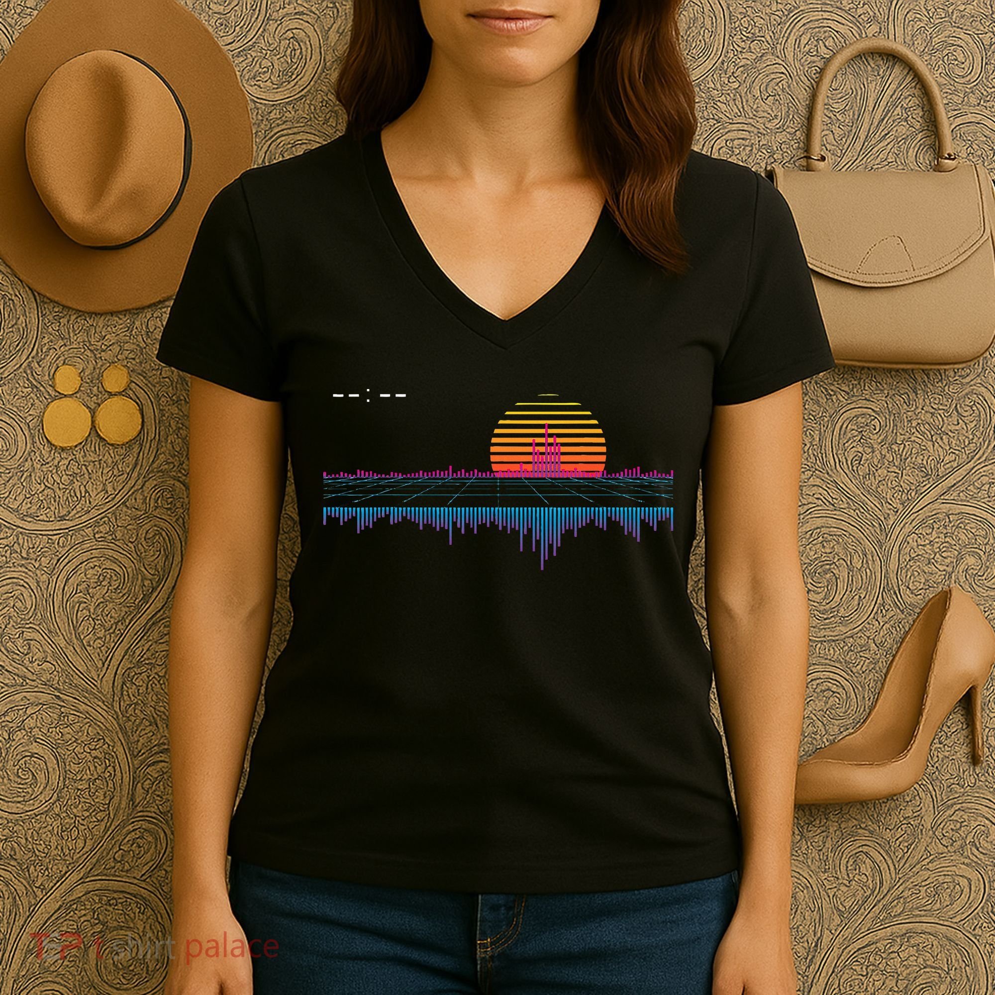 Retrowave Synthwave Vaporwave Sunset Aesthetic Women's V-Neck T-Shirt