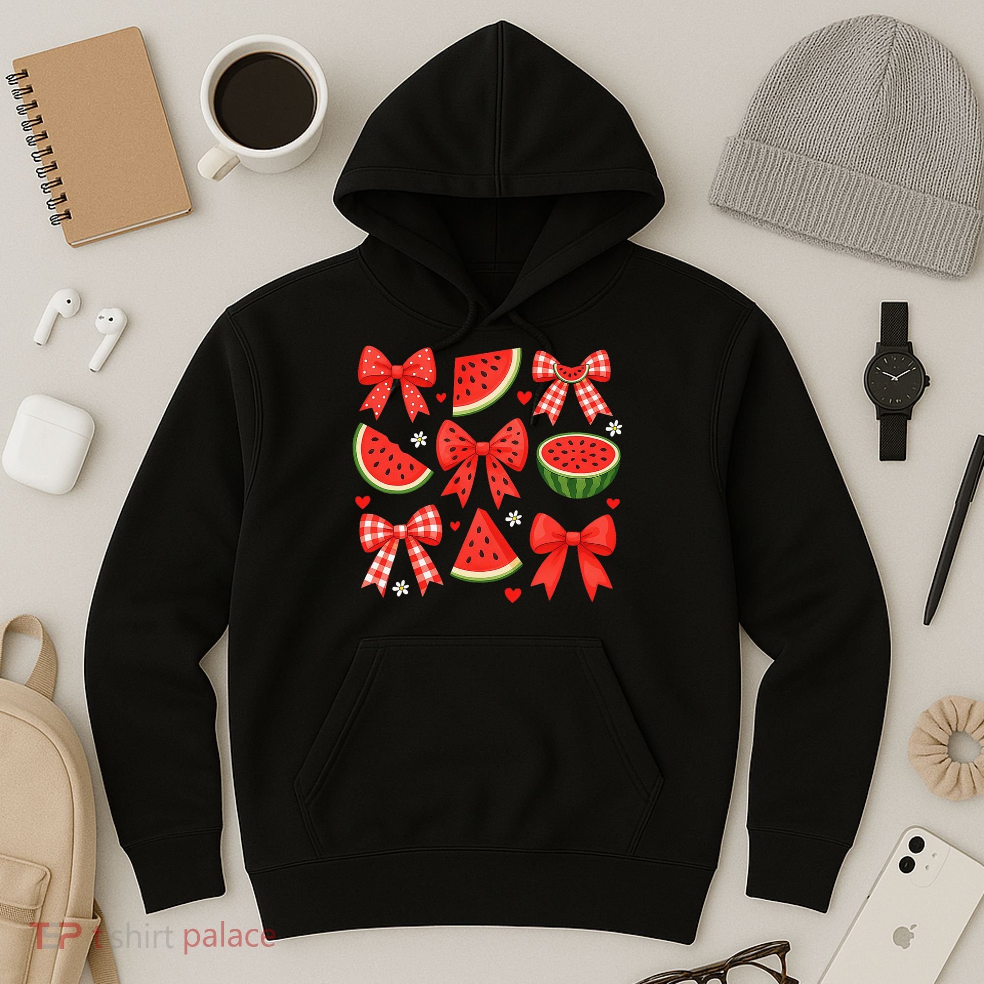 Retro Summer Vibes Coquette Bow Watermelon Summer Vacation Hoodie