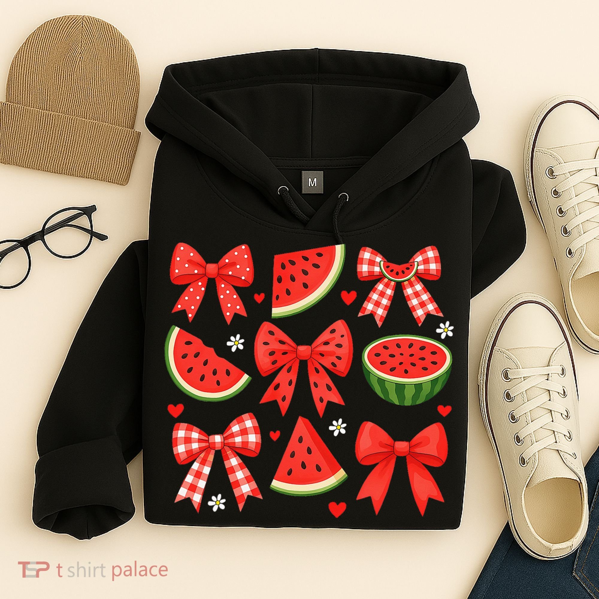 Retro Summer Vibes Coquette Bow Watermelon Summer Vacation Hoodie