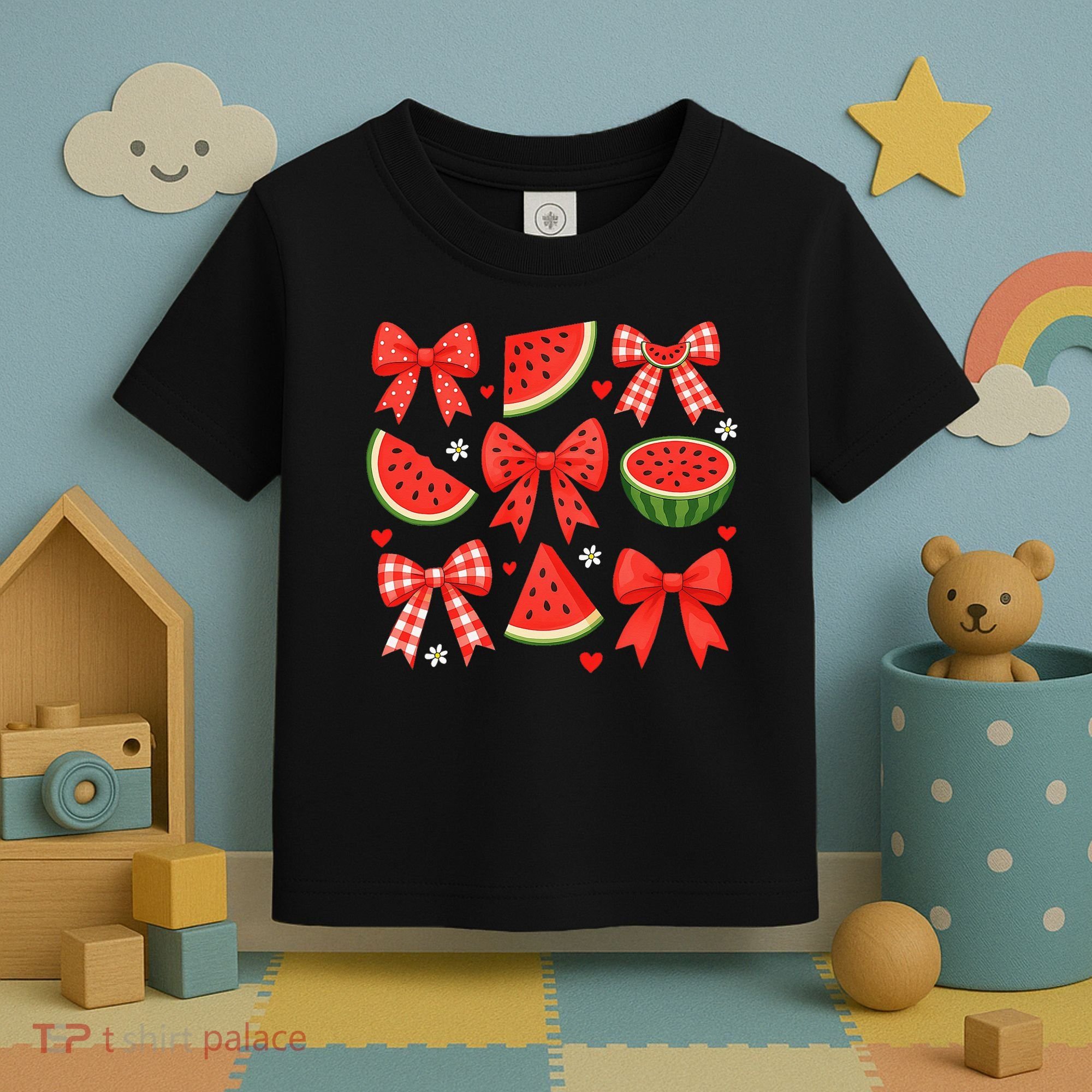 Retro Summer Vibes Coquette Bow Watermelon Summer Vacation Toddler T-Shirt