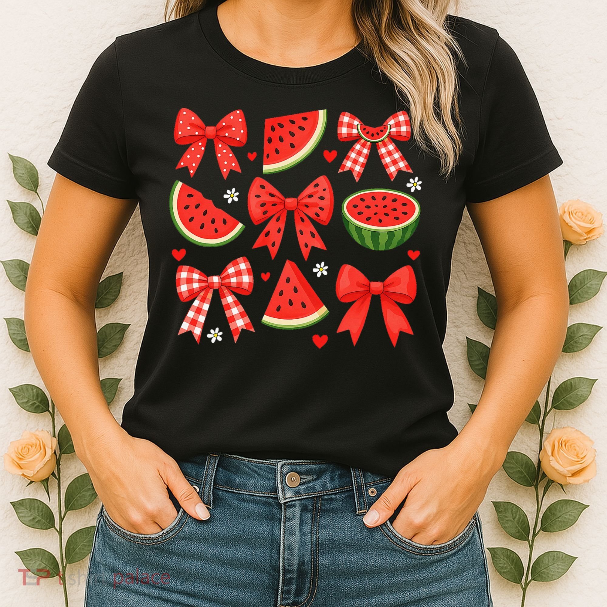 Retro Summer Vibes Coquette Bow Watermelon Summer Vacation Women's T-Shirt