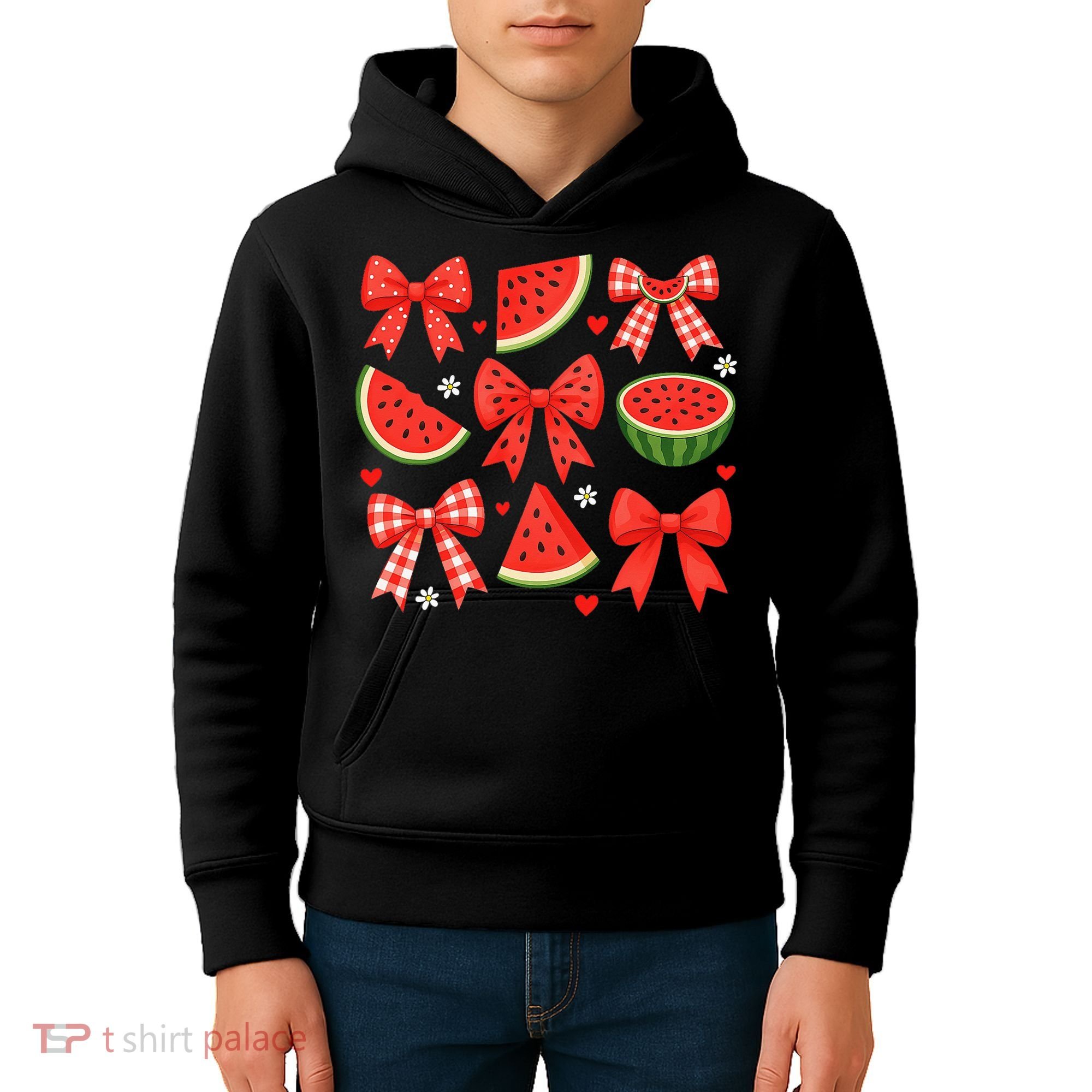 Retro Summer Vibes Coquette Bow Watermelon Summer Vacation Kids Hoodie