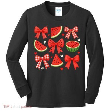 Retro Summer Vibes Coquette Bow Watermelon Summer Vacation Kids Long Sleeve Shirt
