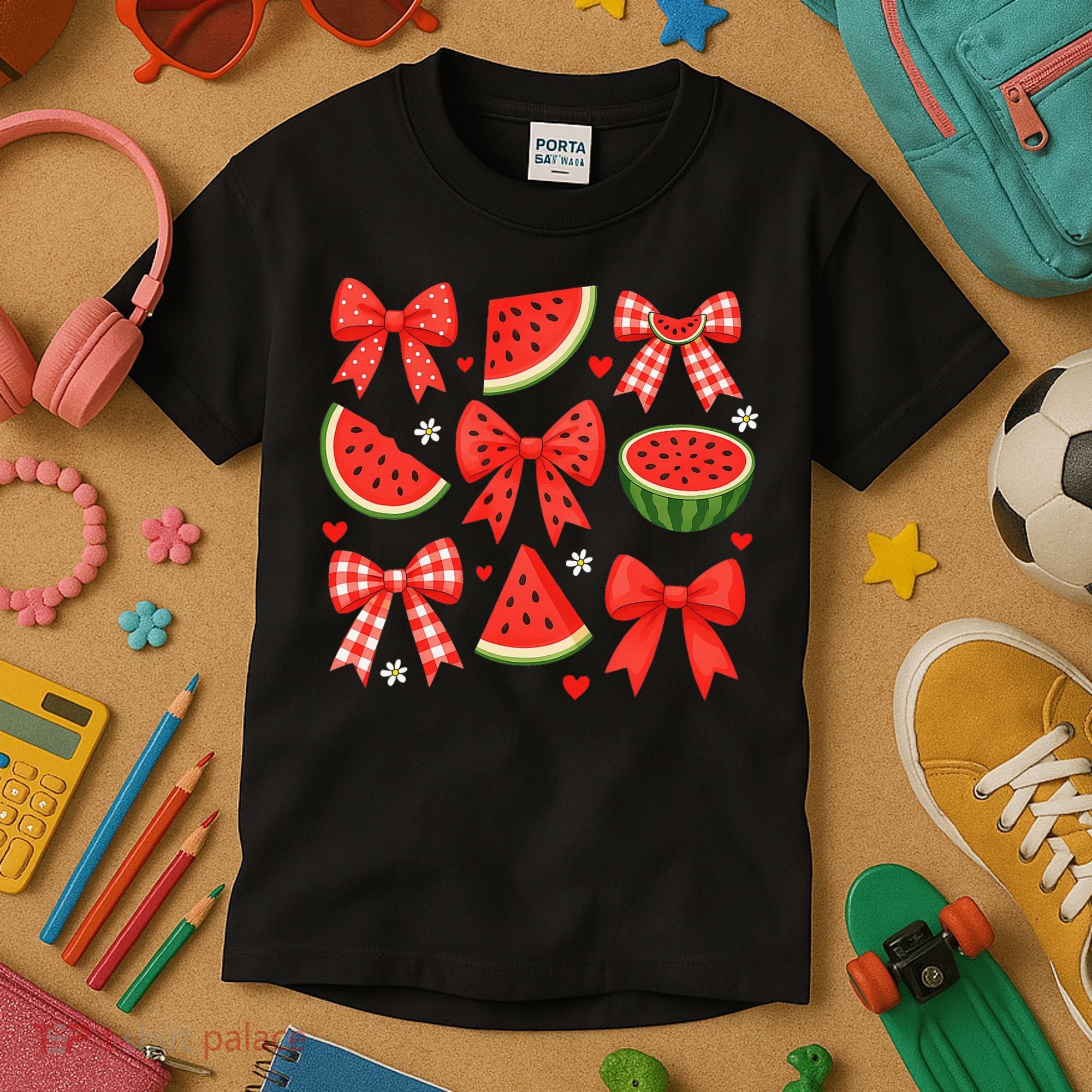Retro Summer Vibes Coquette Bow Watermelon Summer Vacation Kids T-Shirt
