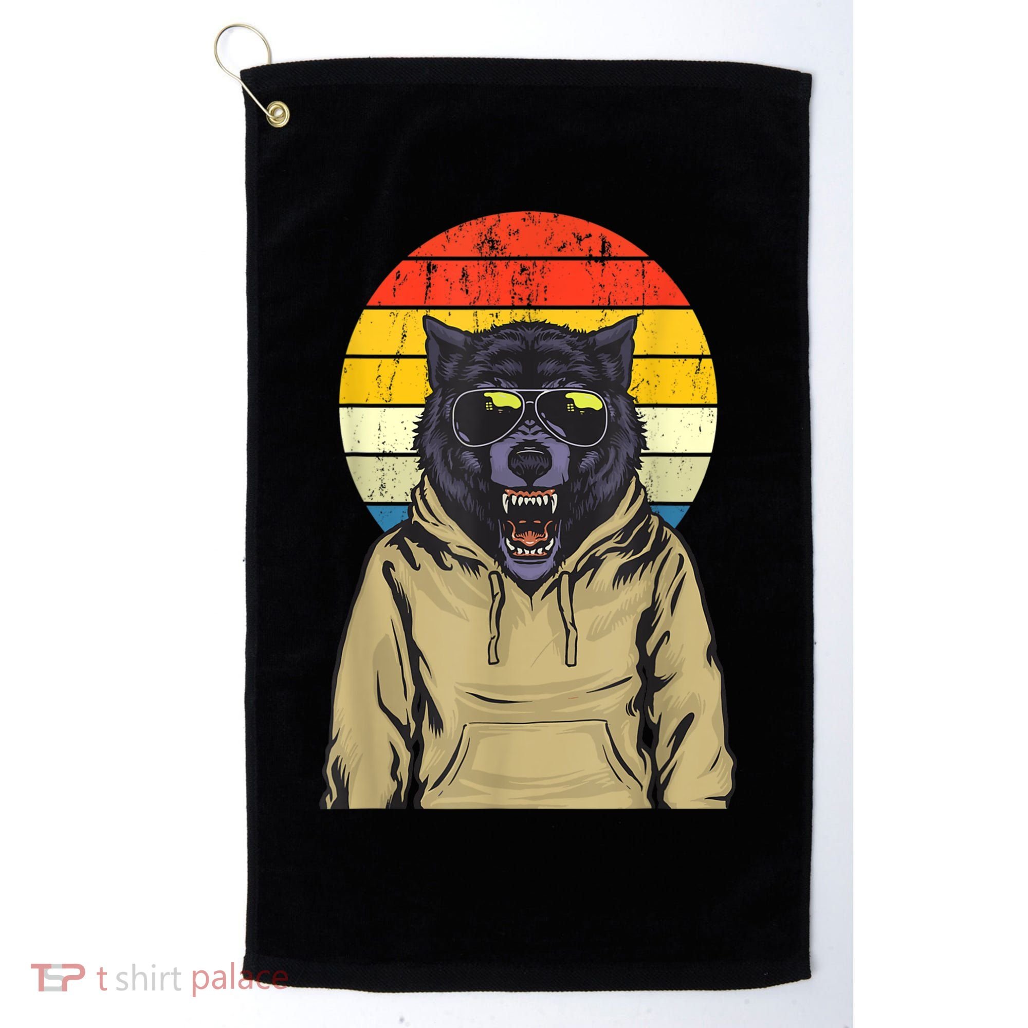 Retro Sunset Wolf Golf Towel