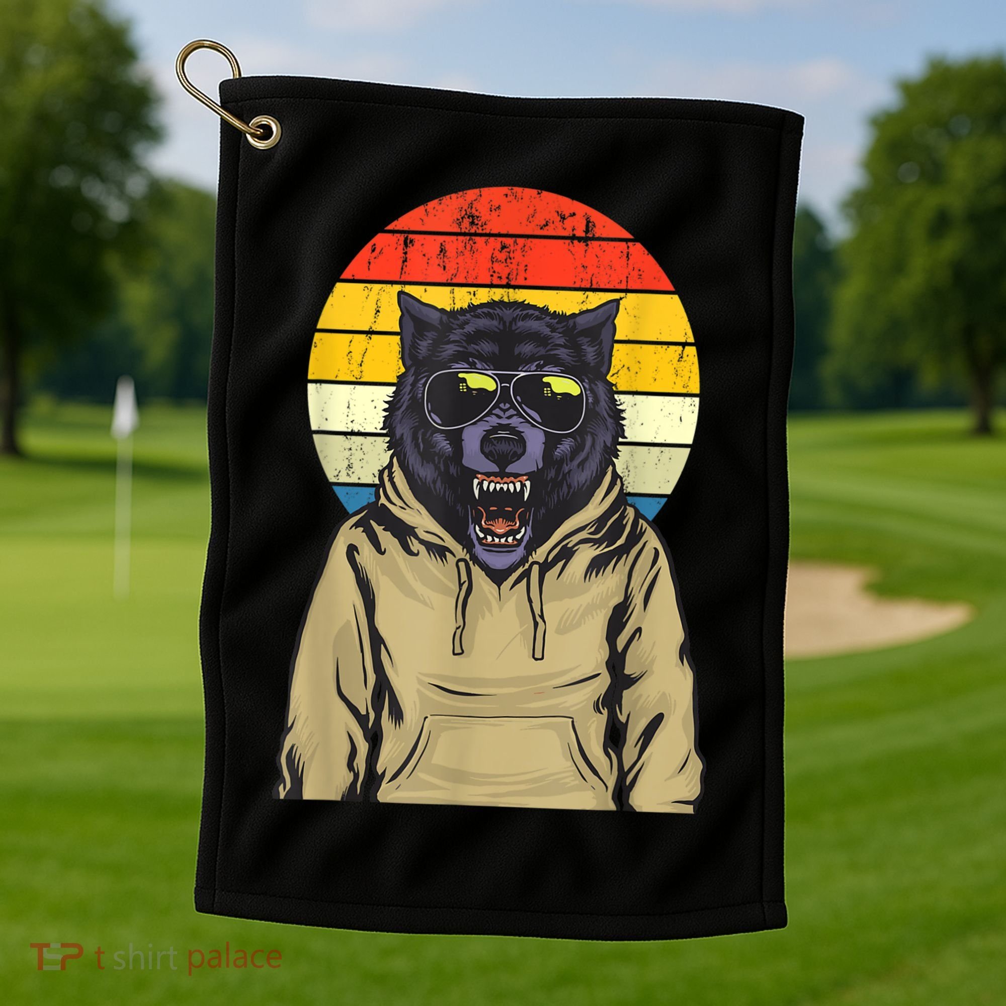 Retro Sunset Wolf Golf Towel
