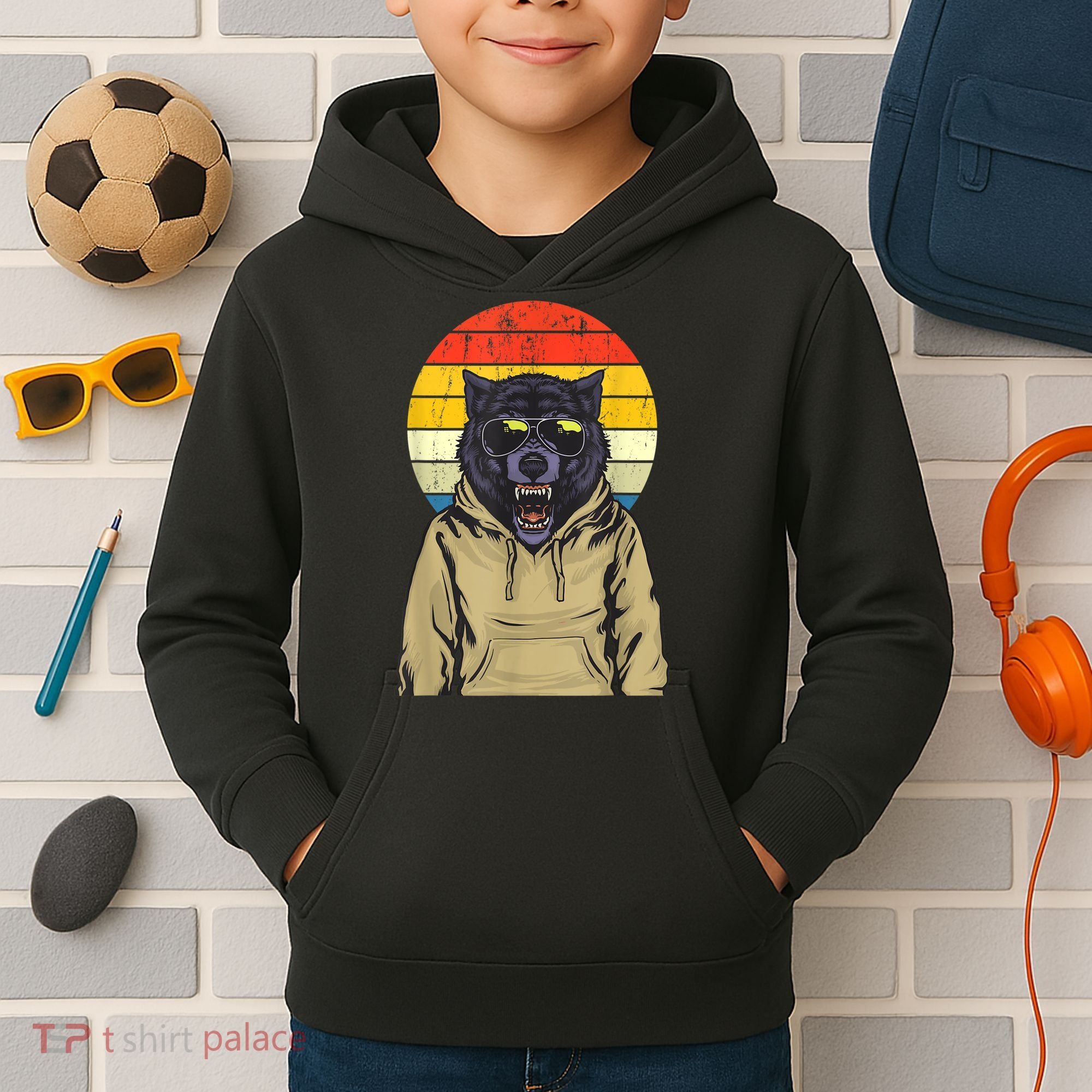 Retro Sunset Wolf Kids Hoodie