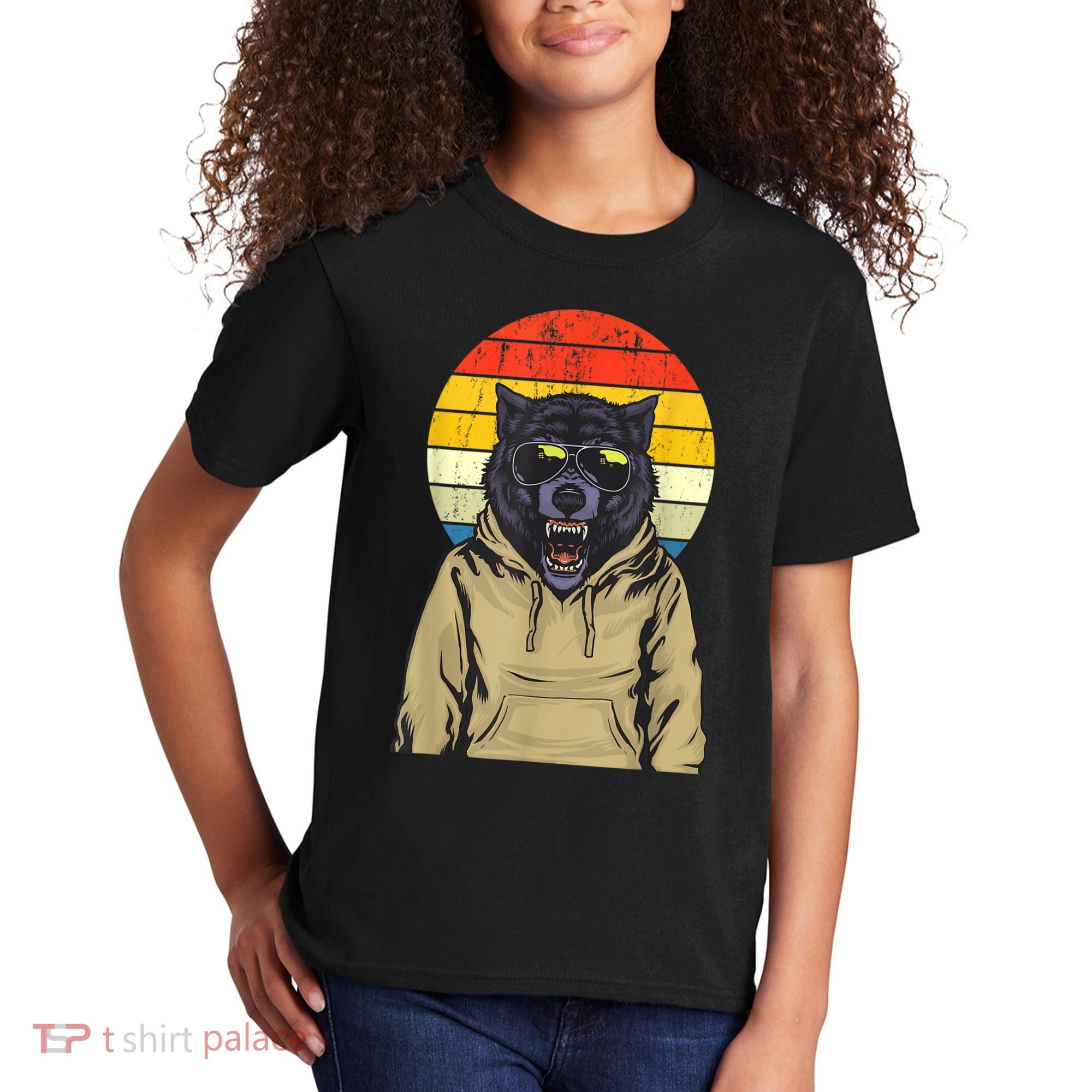 Retro Sunset Wolf Kids T-Shirt