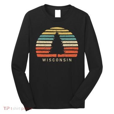 Retro Sunset Wisconsin Pine Tree Long Sleeve Shirt