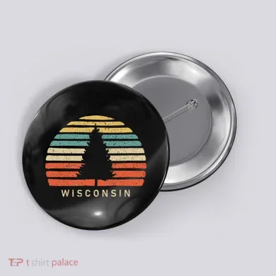Retro Sunset Wisconsin Pine Tree Button