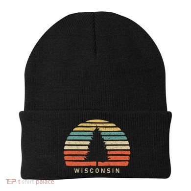 Retro Sunset Wisconsin Pine Tree Beanie