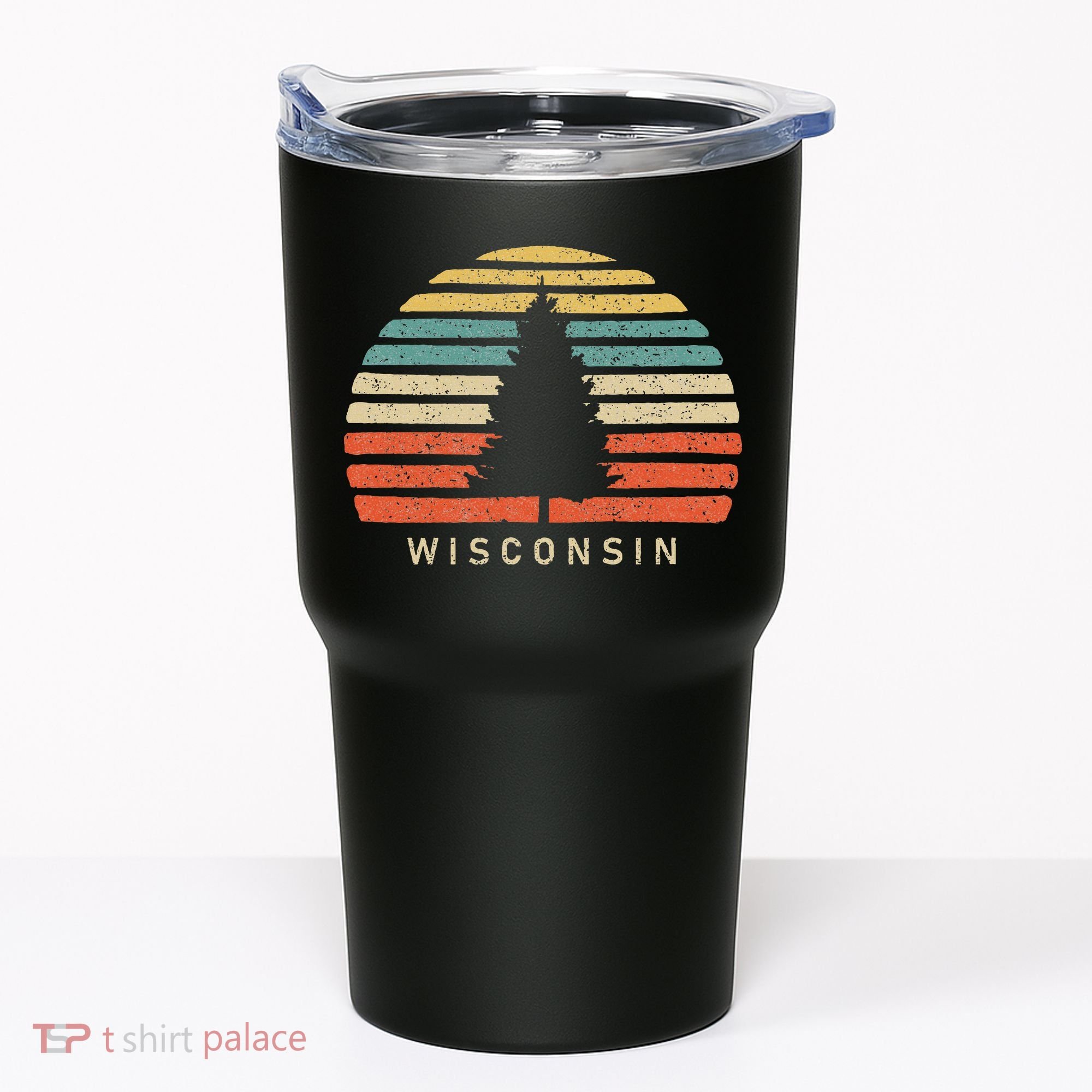 Retro Sunset Wisconsin Pine Tree Tumbler