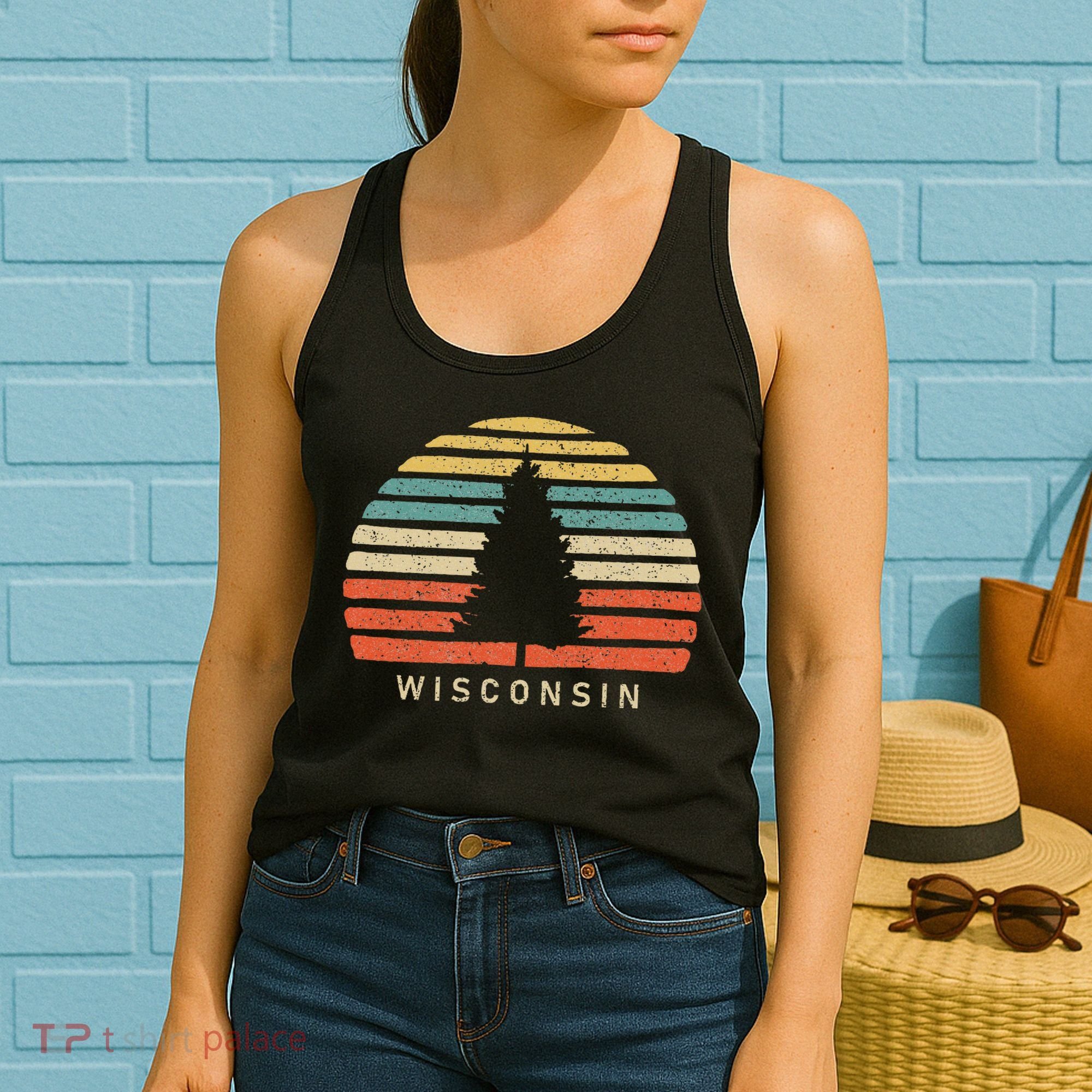Retro Sunset Wisconsin Pine Tree Women's Tank Top
