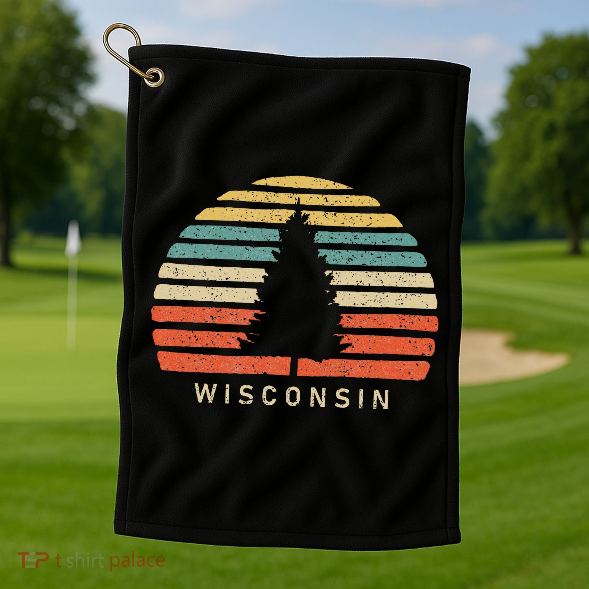Retro Sunset Wisconsin Pine Tree Golf Towel