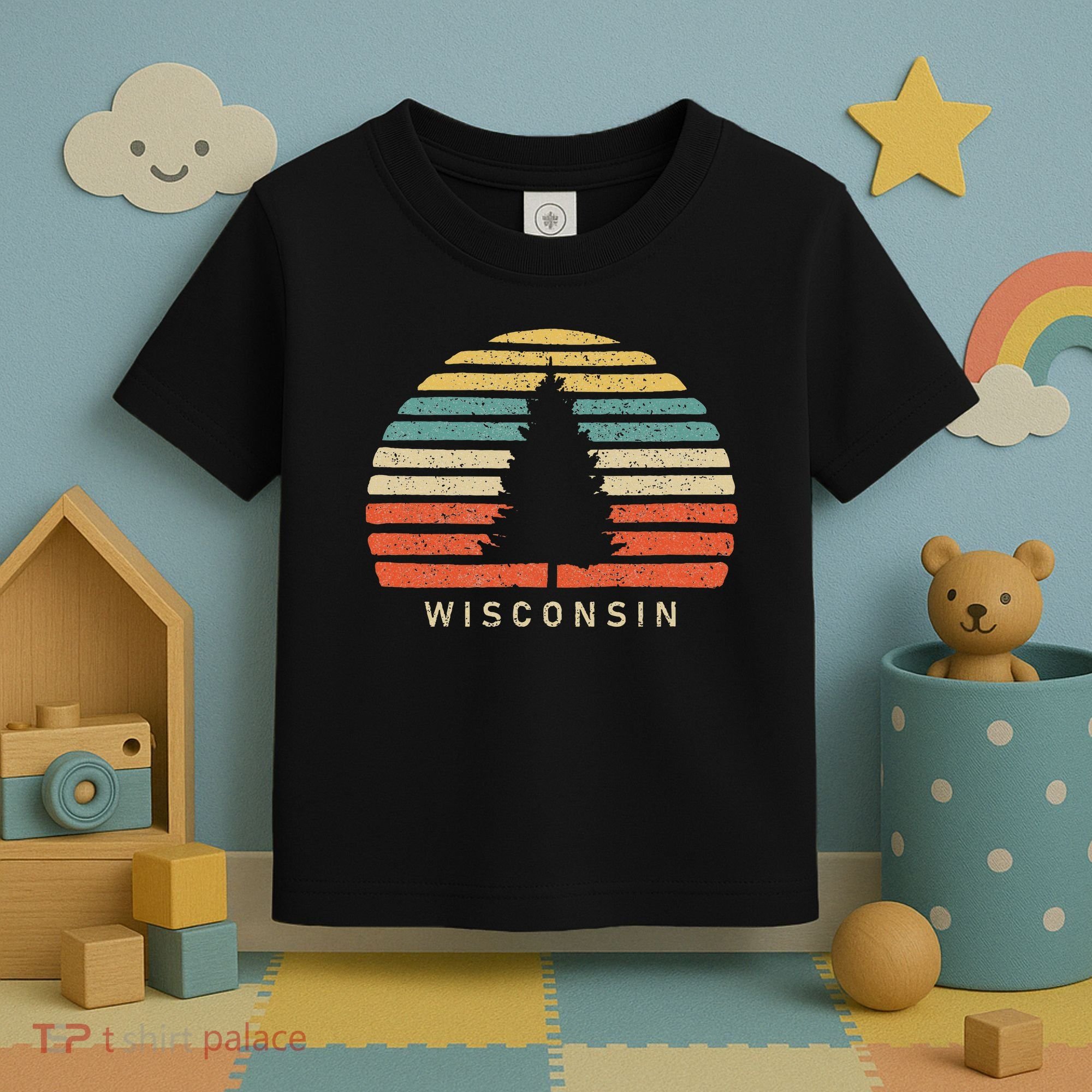 Retro Sunset Wisconsin Pine Tree Toddler T-Shirt