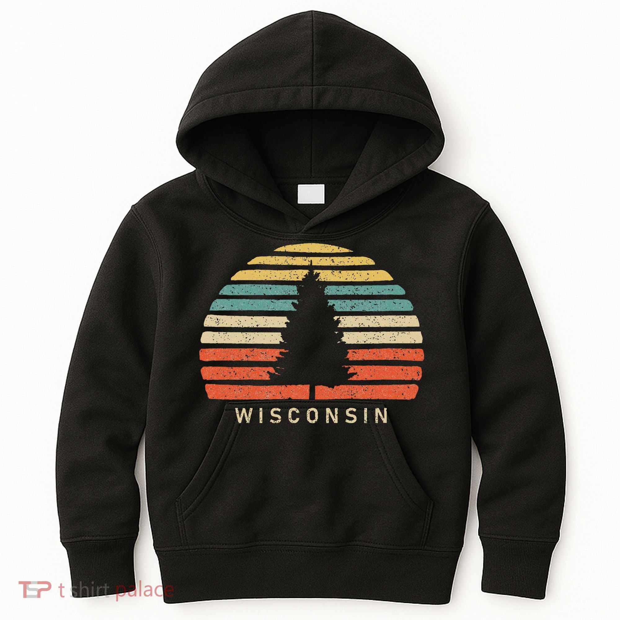 Retro Sunset Wisconsin Pine Tree Kids Hoodie