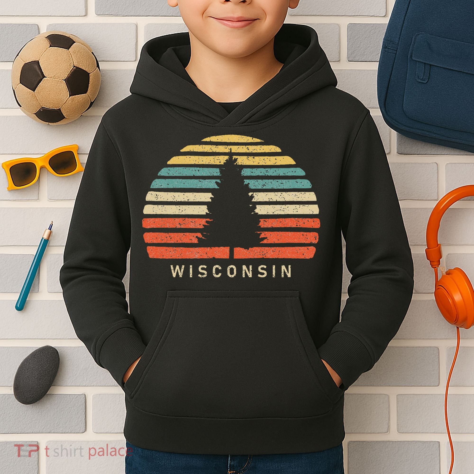Retro Sunset Wisconsin Pine Tree Kids Hoodie