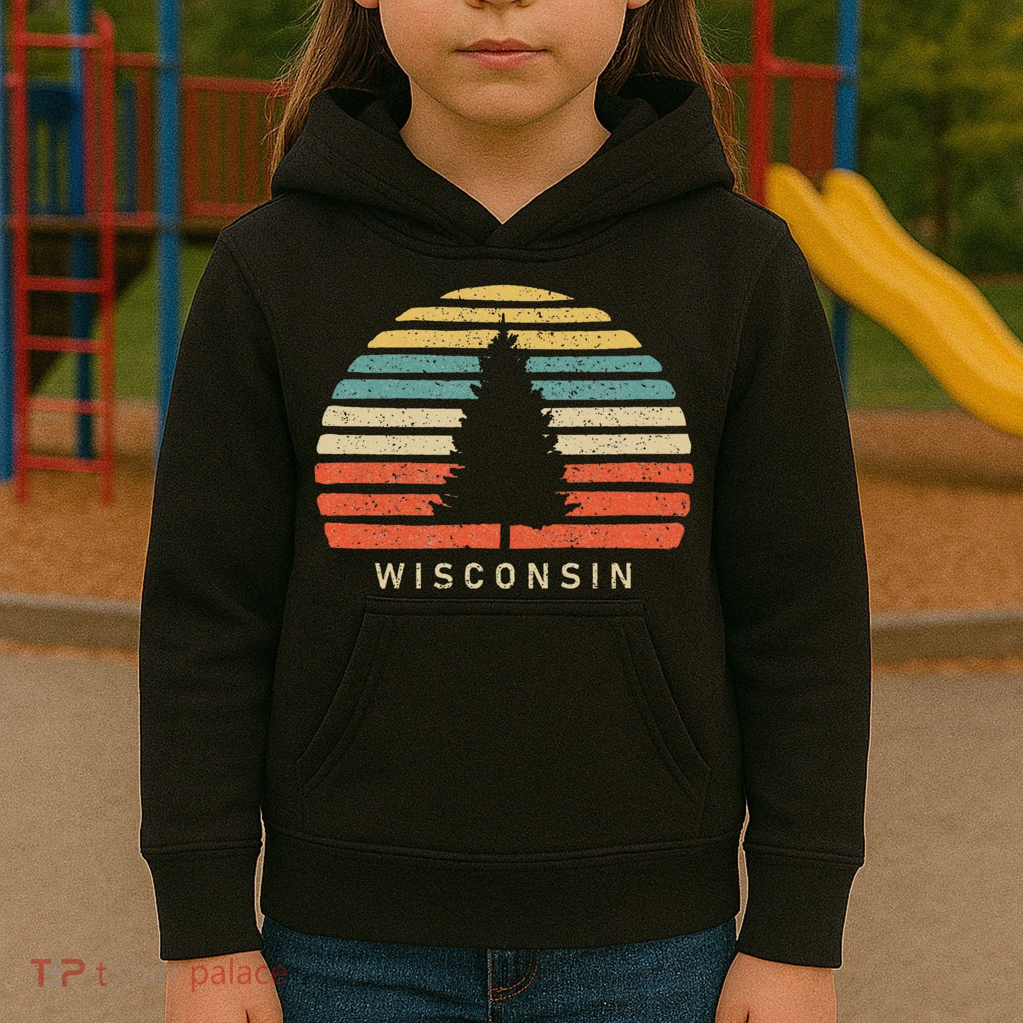 Retro Sunset Wisconsin Pine Tree Kids Hoodie