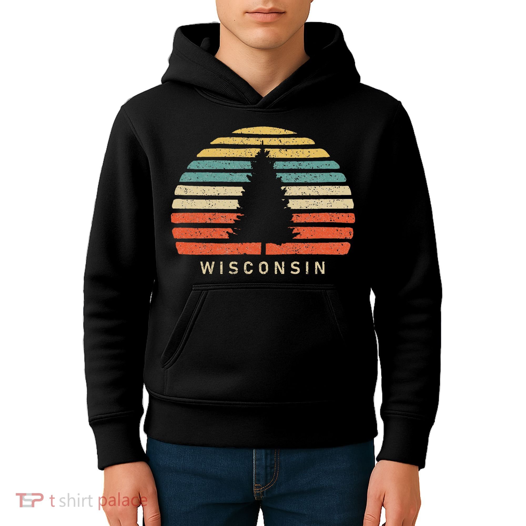 Retro Sunset Wisconsin Pine Tree Kids Hoodie
