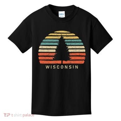 Retro Sunset Wisconsin Pine Tree Kids T-Shirt