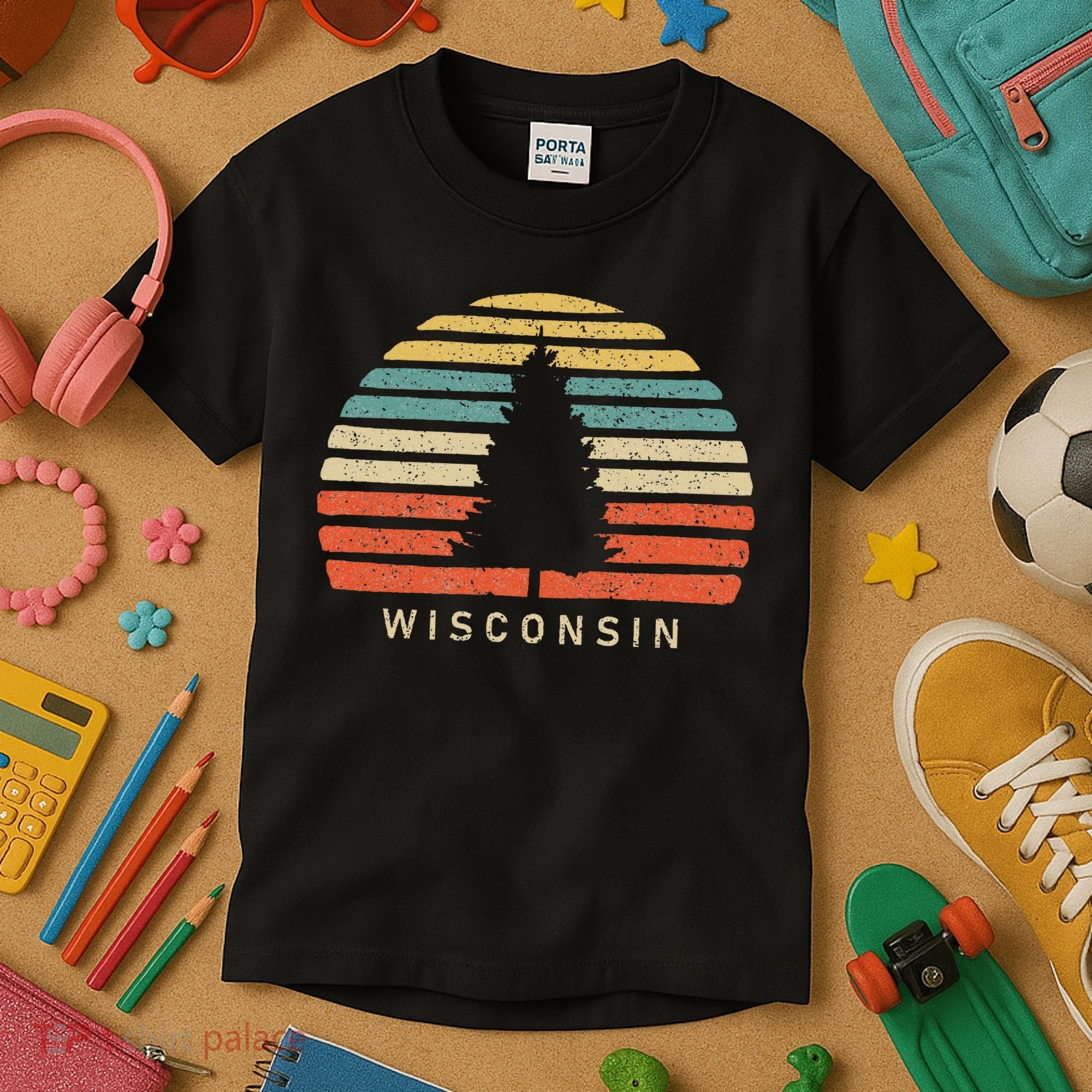 Retro Sunset Wisconsin Pine Tree Kids T-Shirt