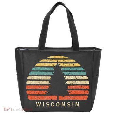 Retro Sunset Wisconsin Pine Tree Tote Bag