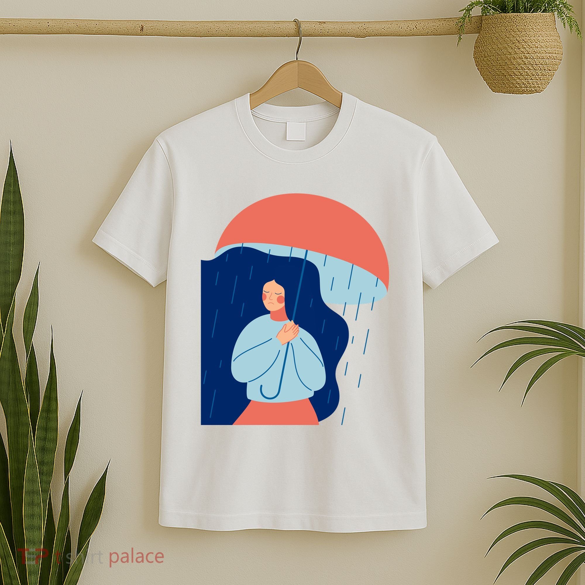 Rainy Sad Woman With Umbrella Mental Health Awareness T-Shirt