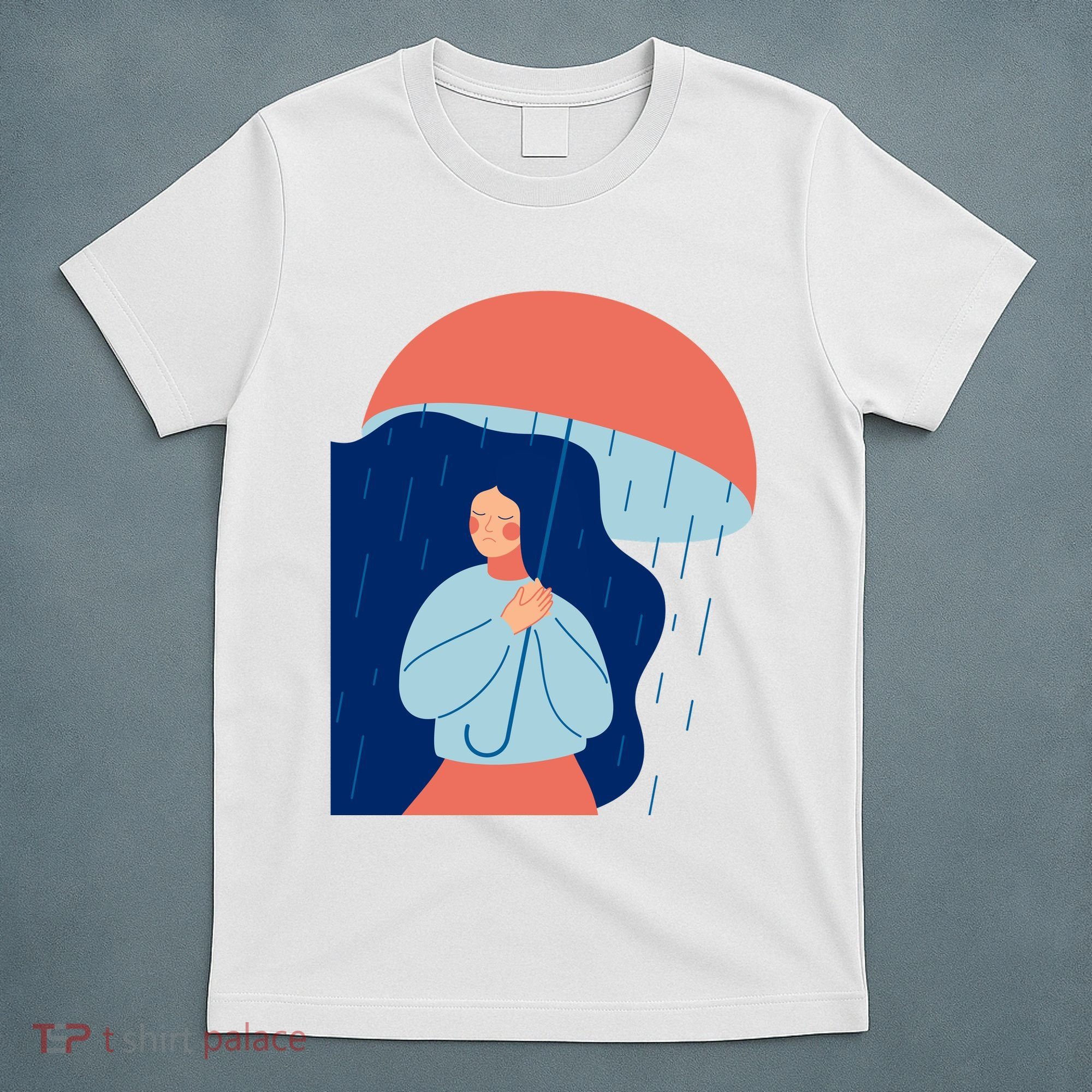 Rainy Sad Woman With Umbrella Mental Health Awareness T-Shirt