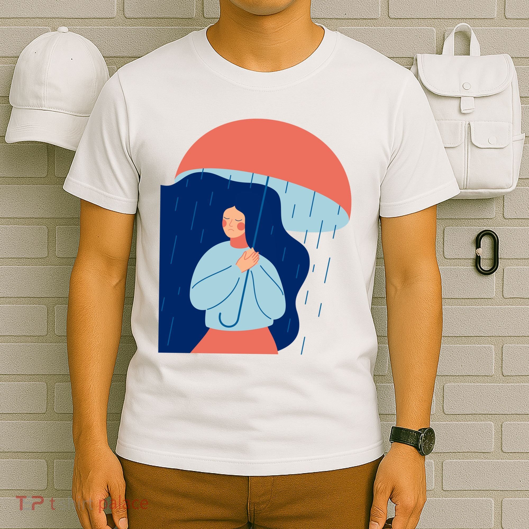 Rainy Sad Woman With Umbrella Mental Health Awareness T-Shirt