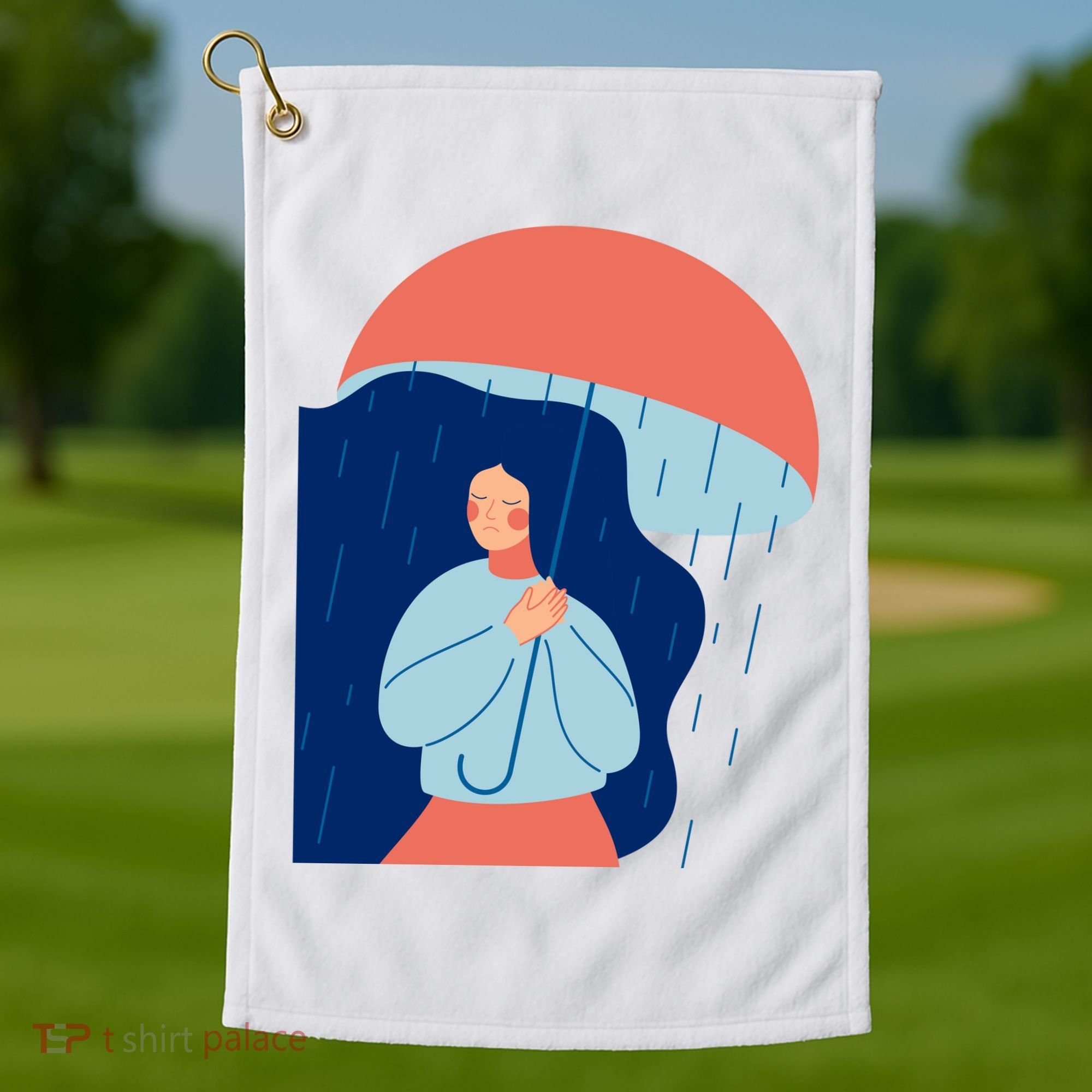 Rainy Sad Woman With Umbrella Mental Health Awareness Golf Towel