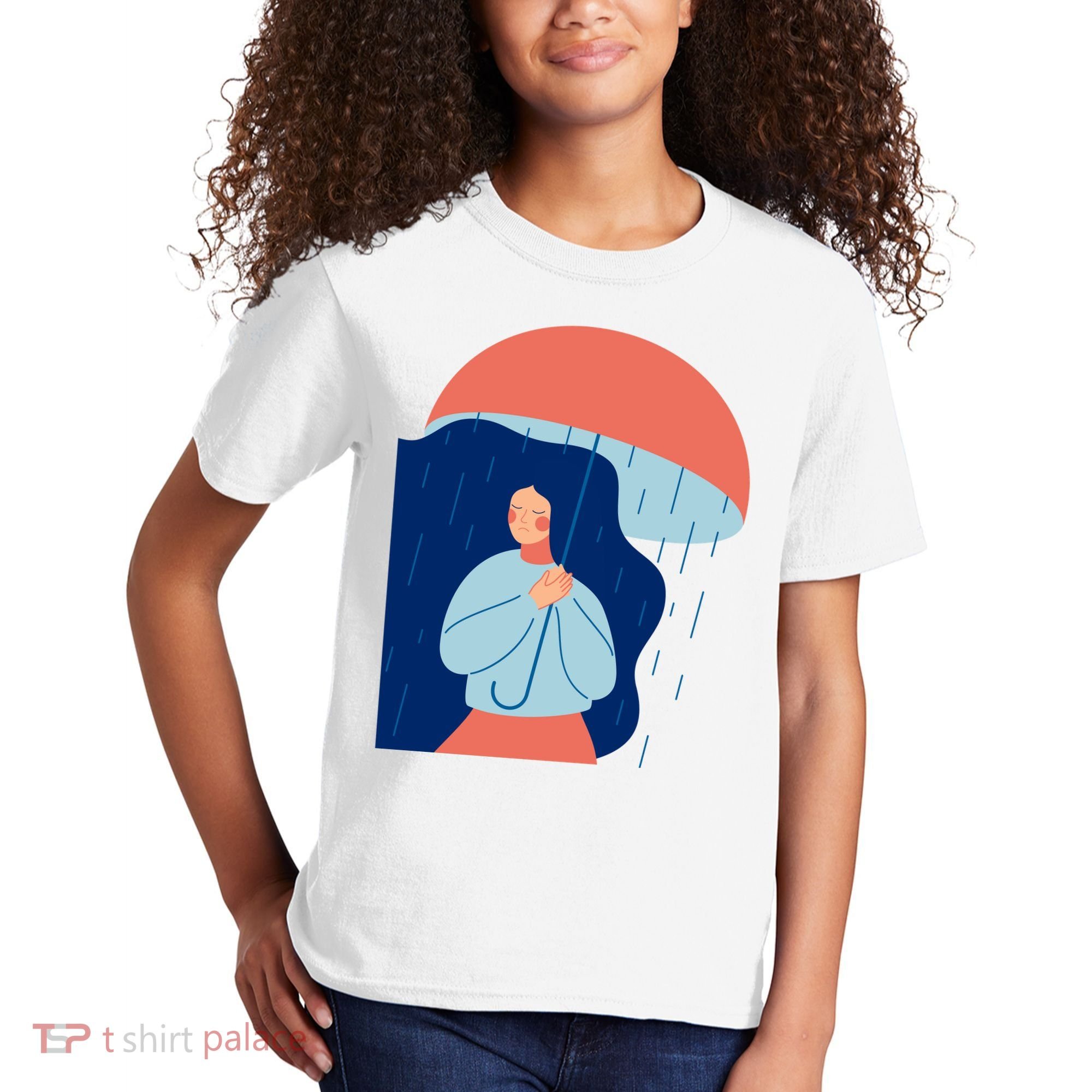 Rainy Sad Woman With Umbrella Mental Health Awareness Kids T-Shirt
