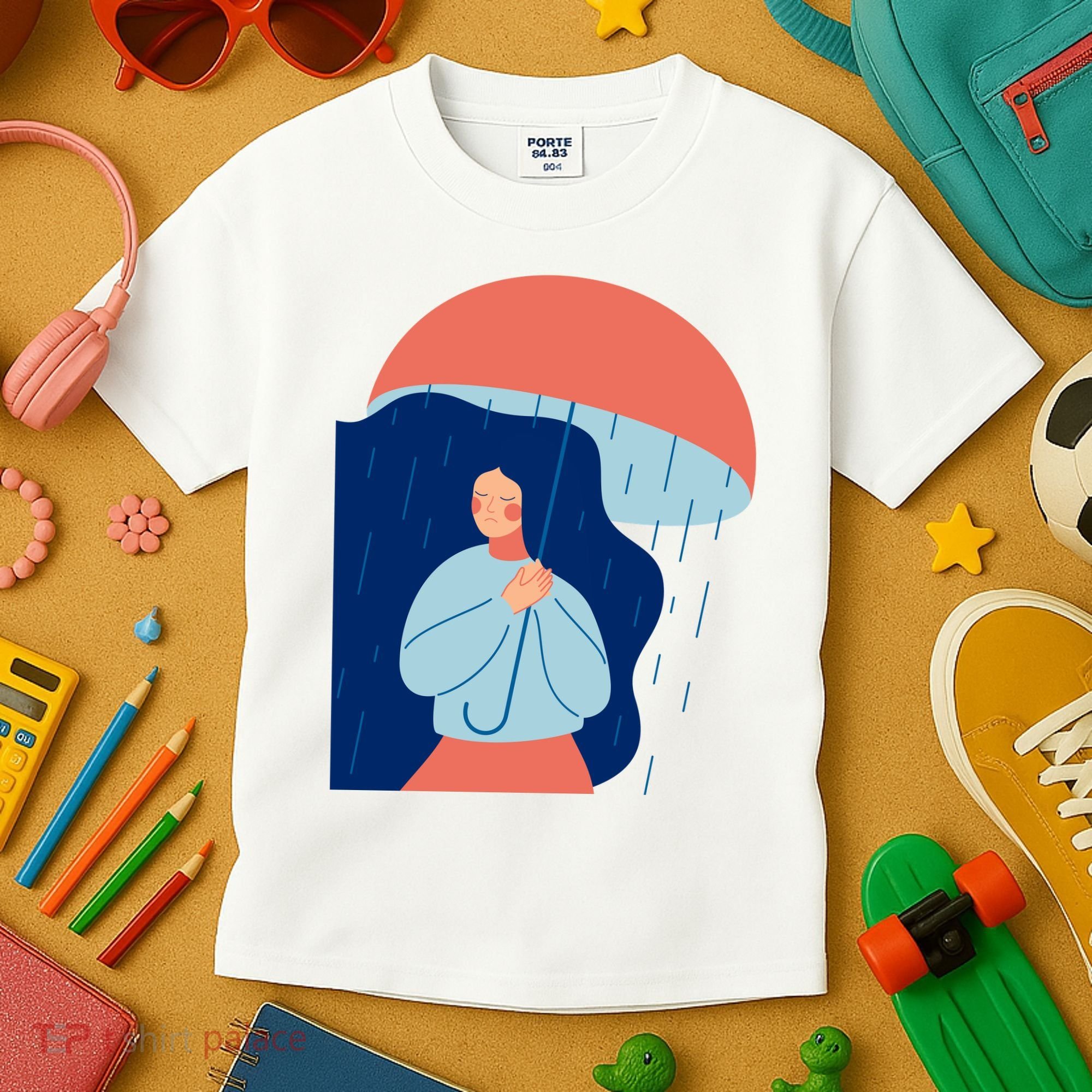 Rainy Sad Woman With Umbrella Mental Health Awareness Kids T-Shirt