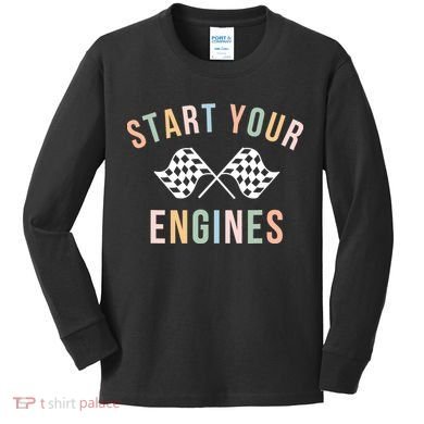 Retro Start Your Engines Checkered Flag Raceday Vintage Kids Long Sleeve Shirt