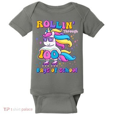 Rollin Through 100 Days Of School Roller Skating Unicorn Baby Bodysuit