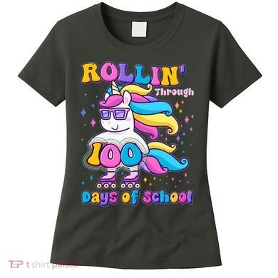 Rollin Through 100 Days Of School Roller Skating Unicorn Women's T-Shirt