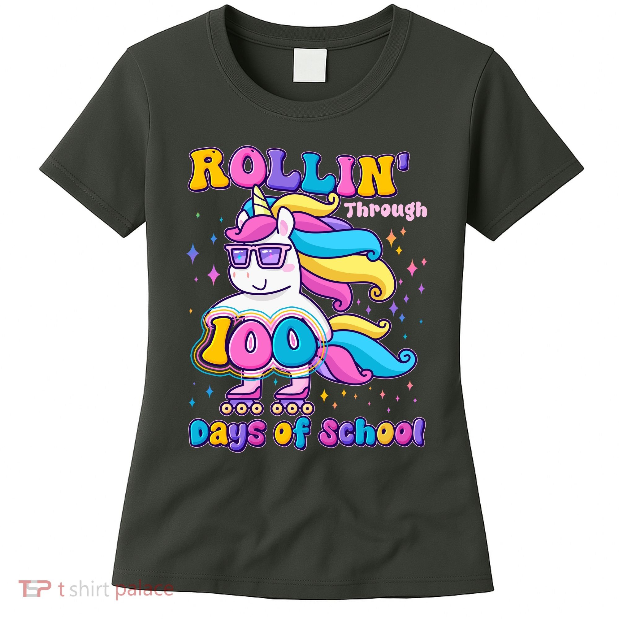 Rollin Through 100 Days Of School Roller Skating Unicorn Women's T-Shirt