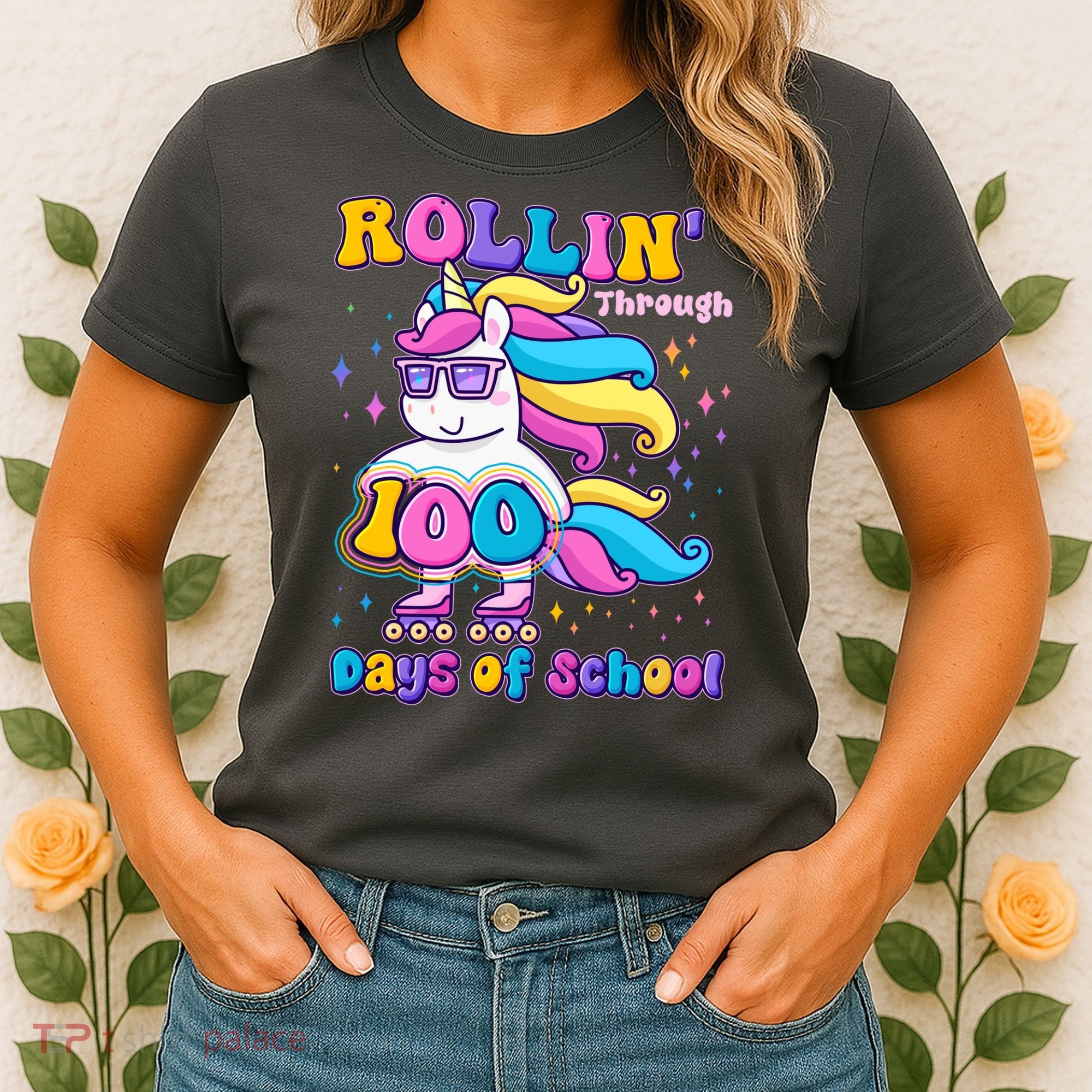 Rollin Through 100 Days Of School Roller Skating Unicorn Women's T-Shirt