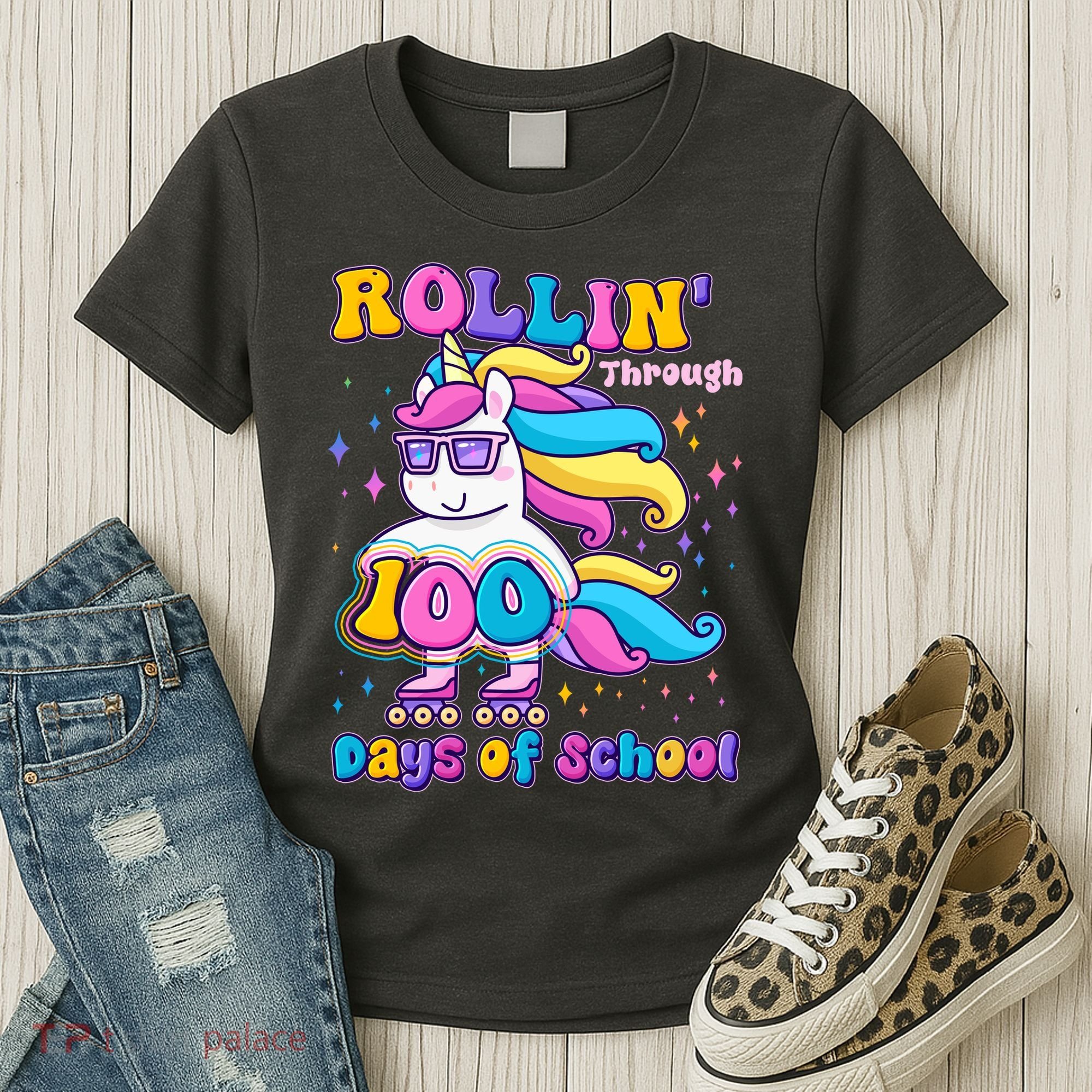 Rollin Through 100 Days Of School Roller Skating Unicorn Women's T-Shirt