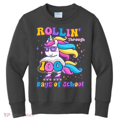 Rollin Through 100 Days Of School Roller Skating Unicorn Kids Sweatshirt