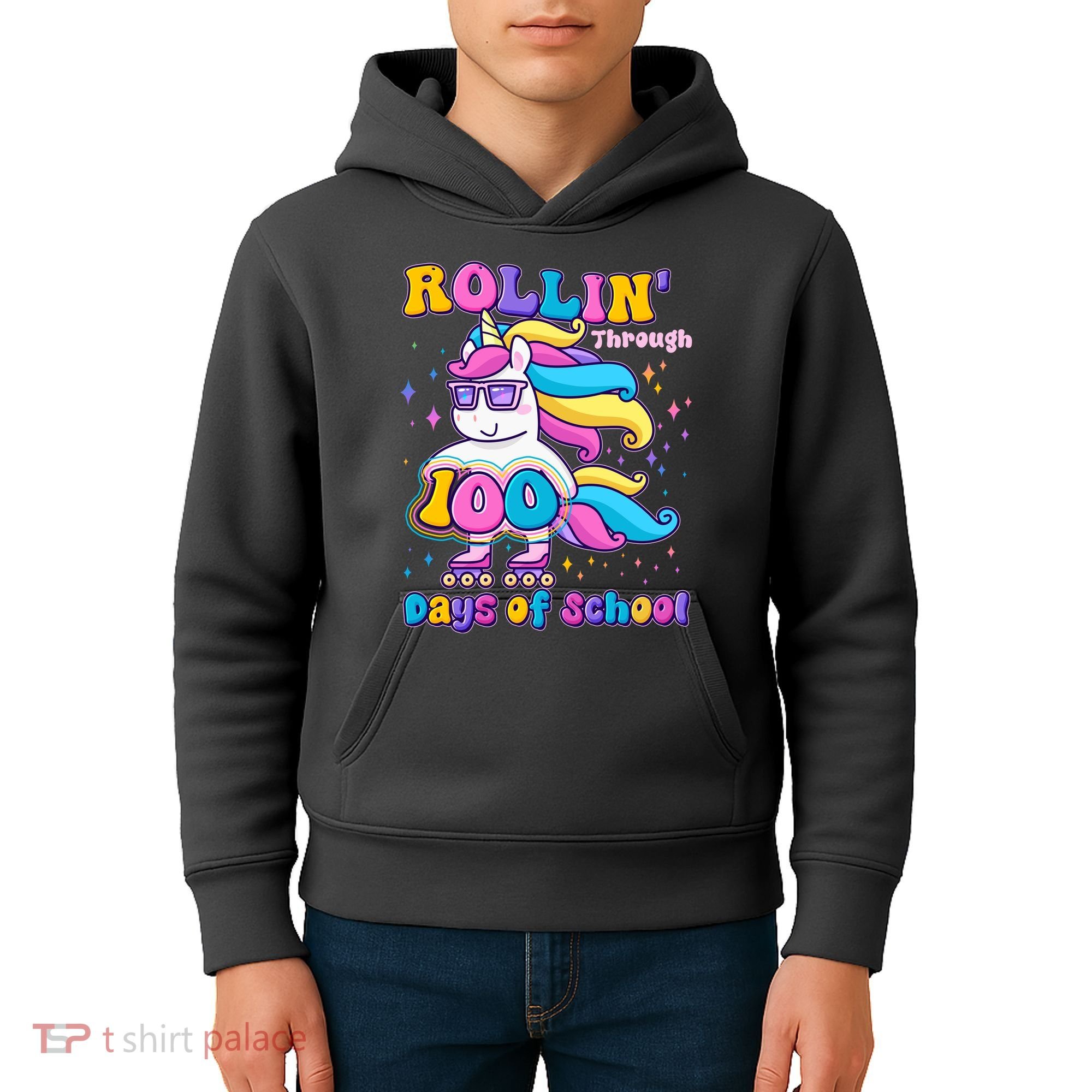 Rollin Through 100 Days Of School Roller Skating Unicorn Kids Hoodie